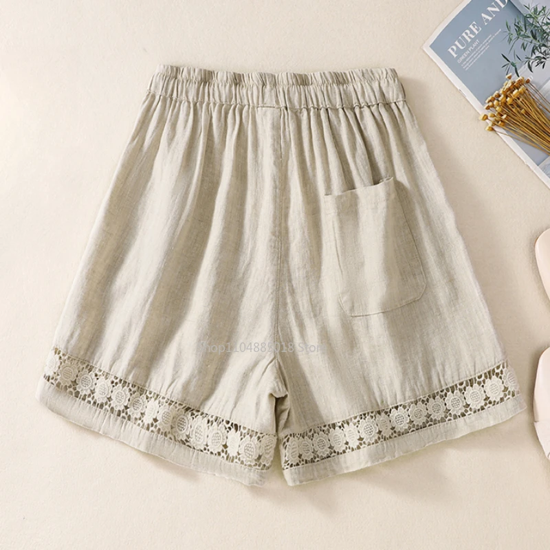 Casual Solid Linen Cotton Lace Floral Summer Short Pants Loose Elastic Waist Boho Beach Wear Shorts for Women Bottom