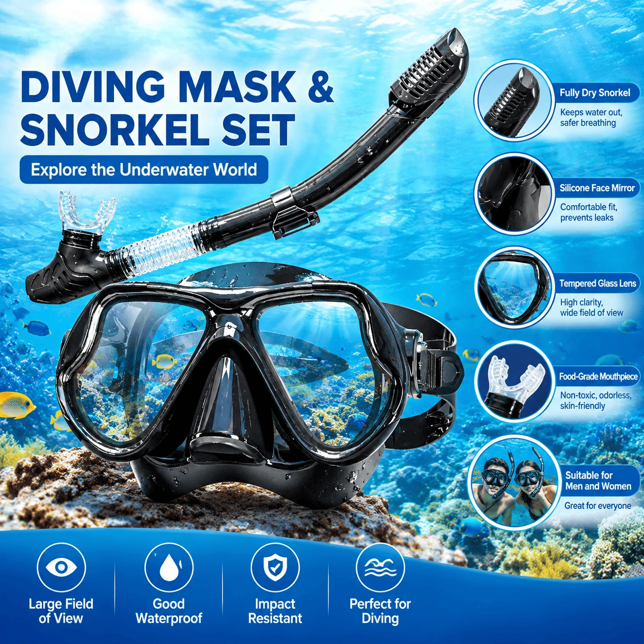 Diving Mask Snorkel Set Snorkelling Gear Set with Large Frame Silicone Skirt Anti Fog Tempered Glass Lens Full Dry Top Snorkel with Splash Guard for Scuba Diving Snorkeling Swimming Pool Beach Travel