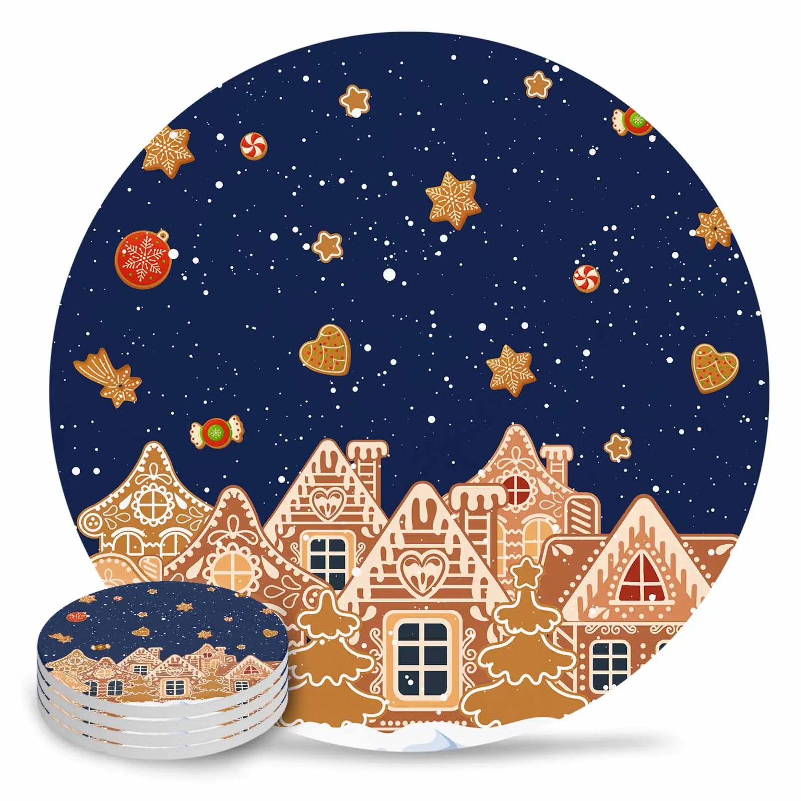 Gingerbread Snowman Christmas Tree Gift Ceramic Coaster Set Kitchen Table Round Placemat Luxury Decor Coffee Tea Cup Coasters