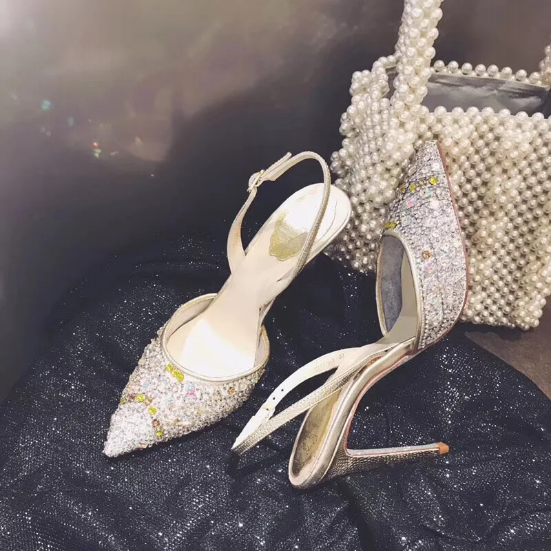 

High heeled shoes women's slim heels rhinestones wrapped net sandals, wedding shoes rhinestone temperament, pointed single shoes