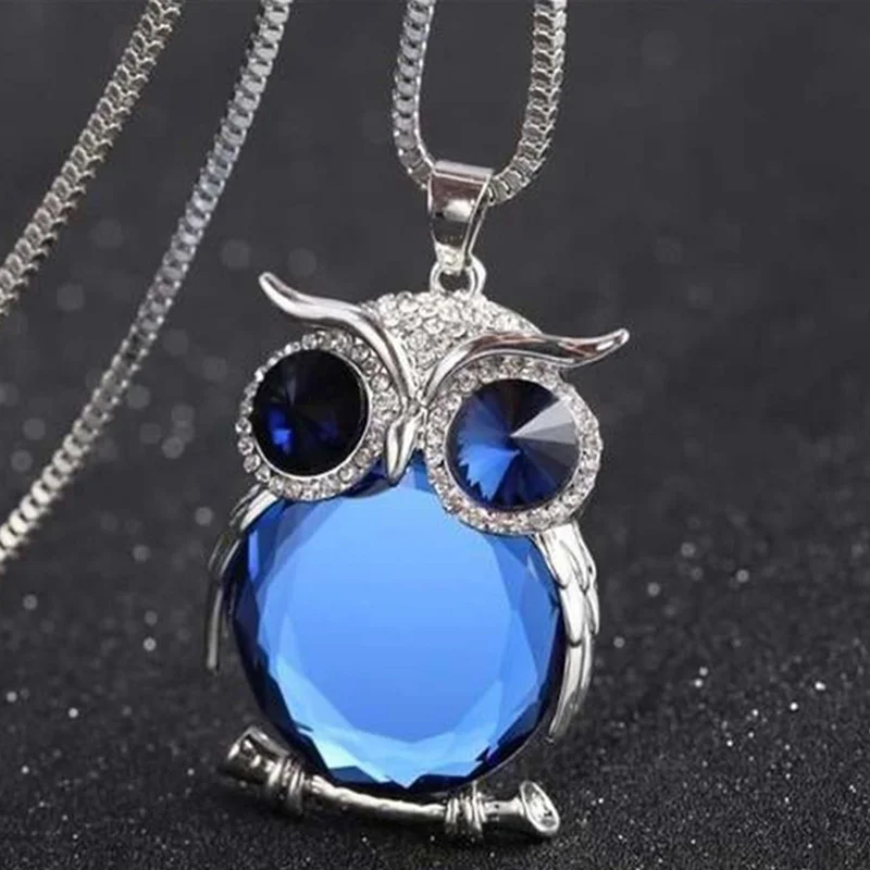 Fashion Cute Owl Pendant Necklace for Women Long Sweater Chain Rhinestone Necklaces Clothing Accessories Personality Jewelry