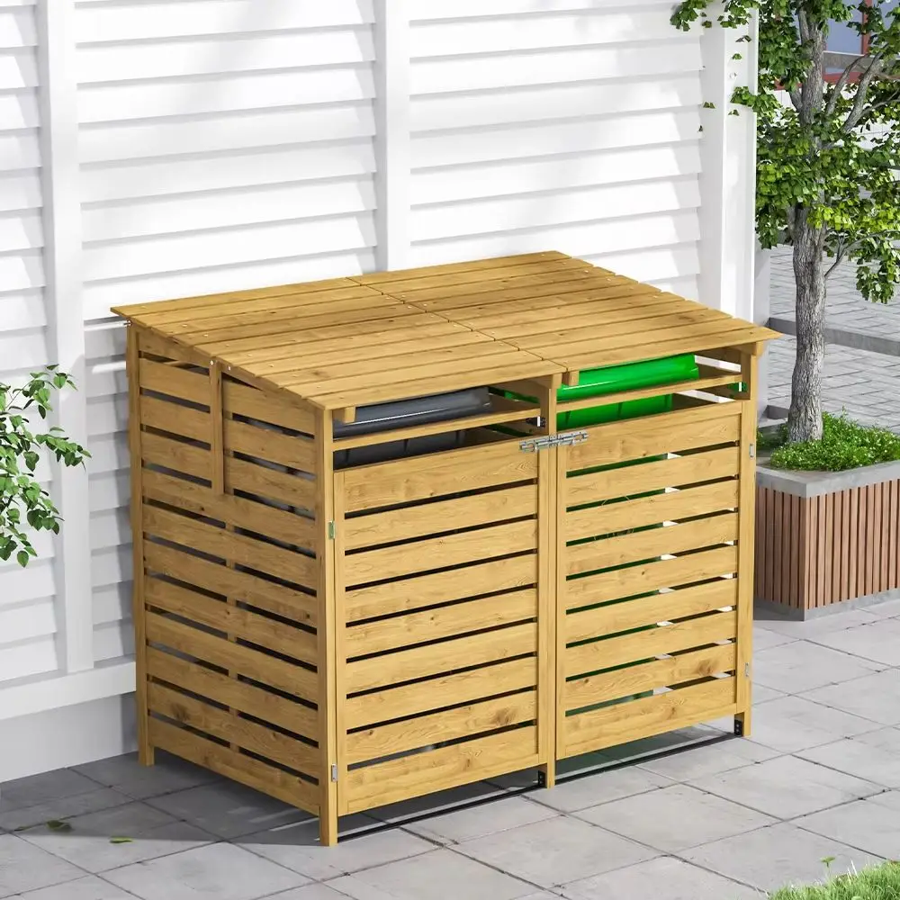 Outdoor Garden Spruce Wood Trash Can Storage Shed with Latch