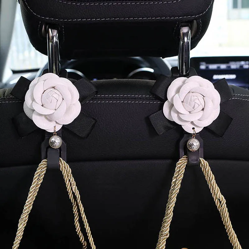 2PC Styling Nette Kamelie Blumen Auto Haken Sitz Zurück Kleiderbügel Organizer Auto Kopfstütze Montieren Lagerung Clips Auto Zubehör