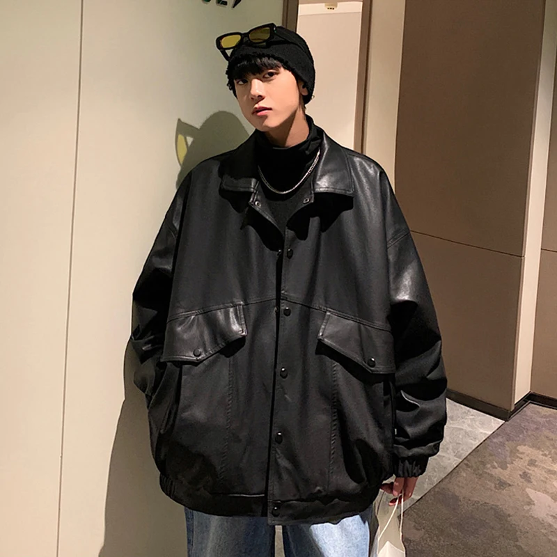 

American Sle PU Leather Jaet Men's Spring Autumn Motorcycle Jaet Workwear Trendy Flip Collar Single Button Closure