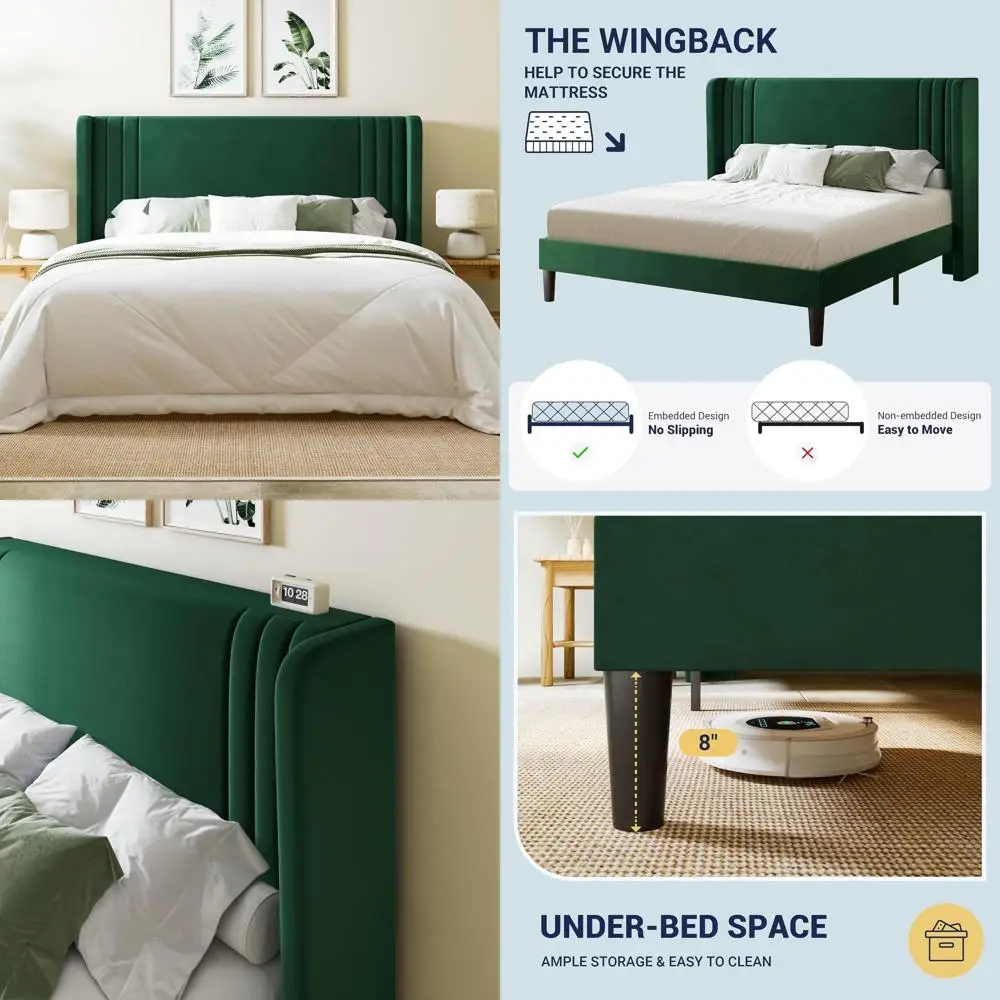 

Green Velvet Queen Bed with Tufted Wingback Headboard, Easy Assembly, Storage, Modern Style, No Box Spring Needed