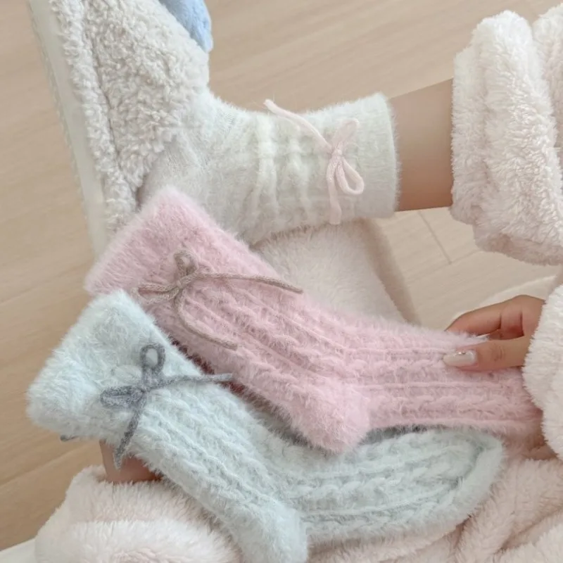 

7 Pairs Women's Thick Brushed Mid-Calf Socks Velvet Bow Fall Winter 2025 Solid Color Fancy Fuzzy Socks Set Floor Thermal Socks