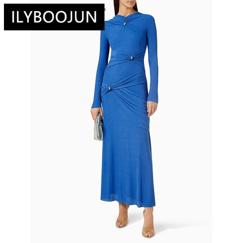 

ILYBOOJUN Solid Patchwork Folds Chic Dress For Women O Neck Long Sleeve High Waist Spliced Zipper Elegant Dresses Female New