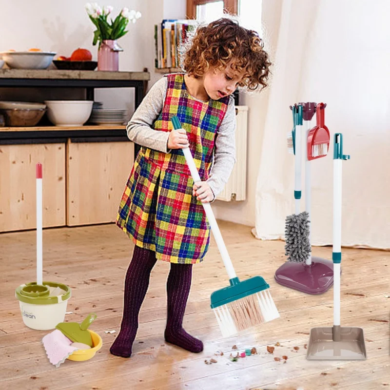 Toddler Kids Cleaning Tool Toy Set Pretend Play Home Cleaners Brooms Mop Toy Role Play Educational Toys for Boys Girls Age 3+