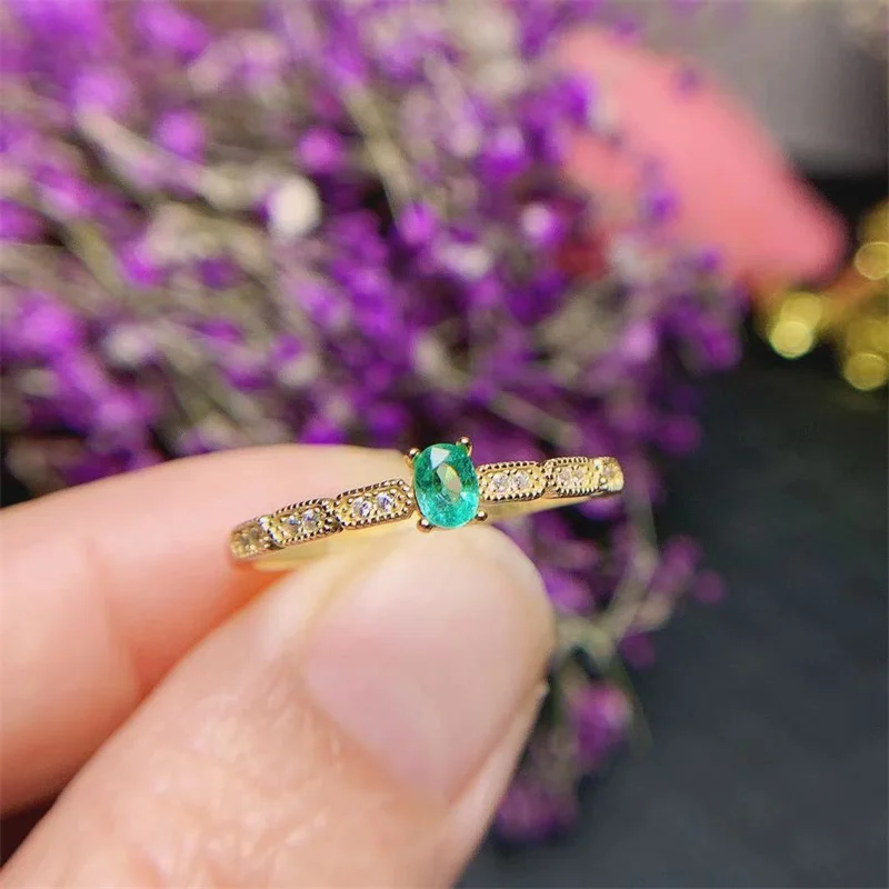 18K Yellow Gold 925 Sterling Silver Real Natural Original Emerald  4X3mm with Certificate Adjustable Size Ring for Women