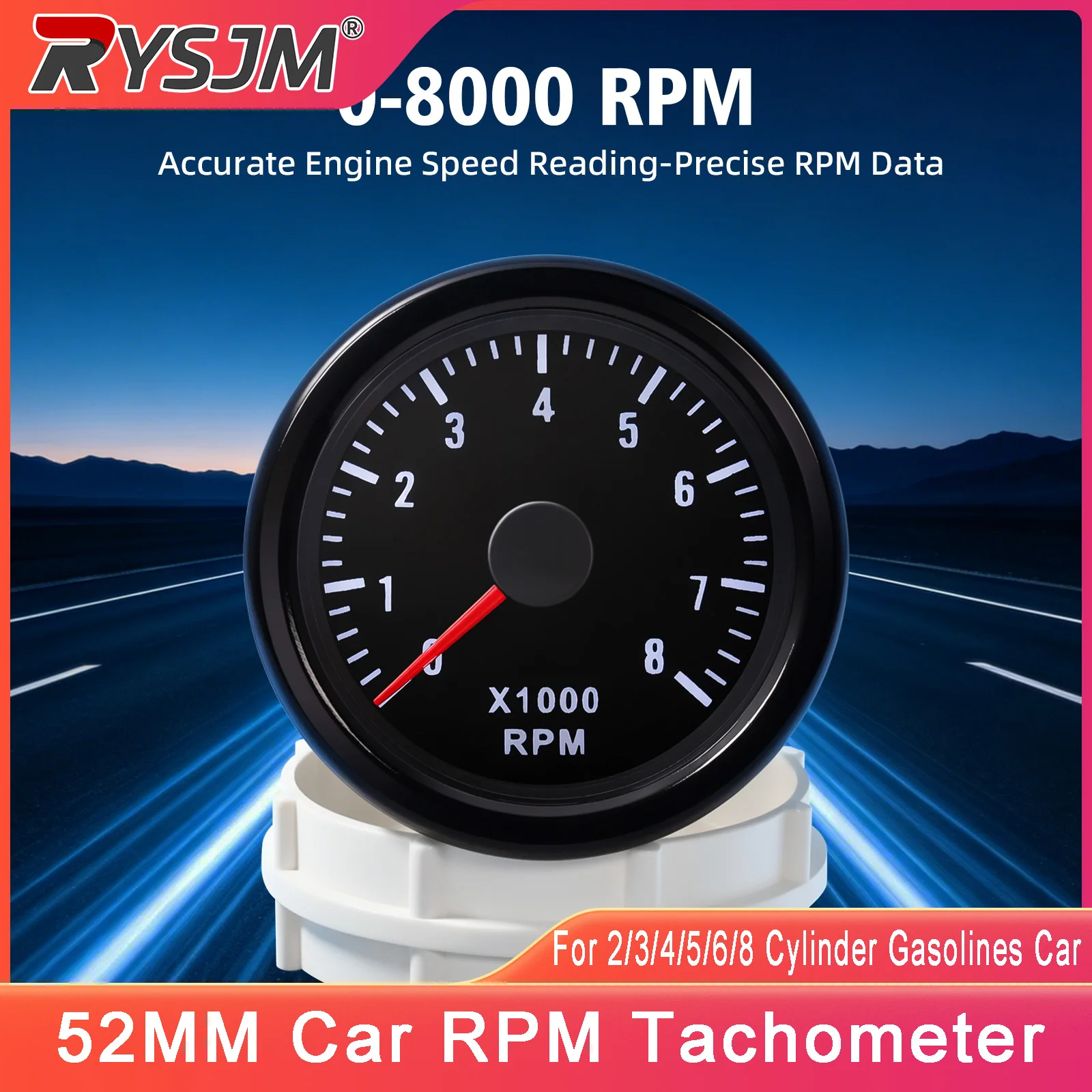 52MM Car RPM Tachometer 0-8000 RPM Tacho Merter Gauge For 12V 1-8 Cylinder Gasolines Engine Motor Auto Car