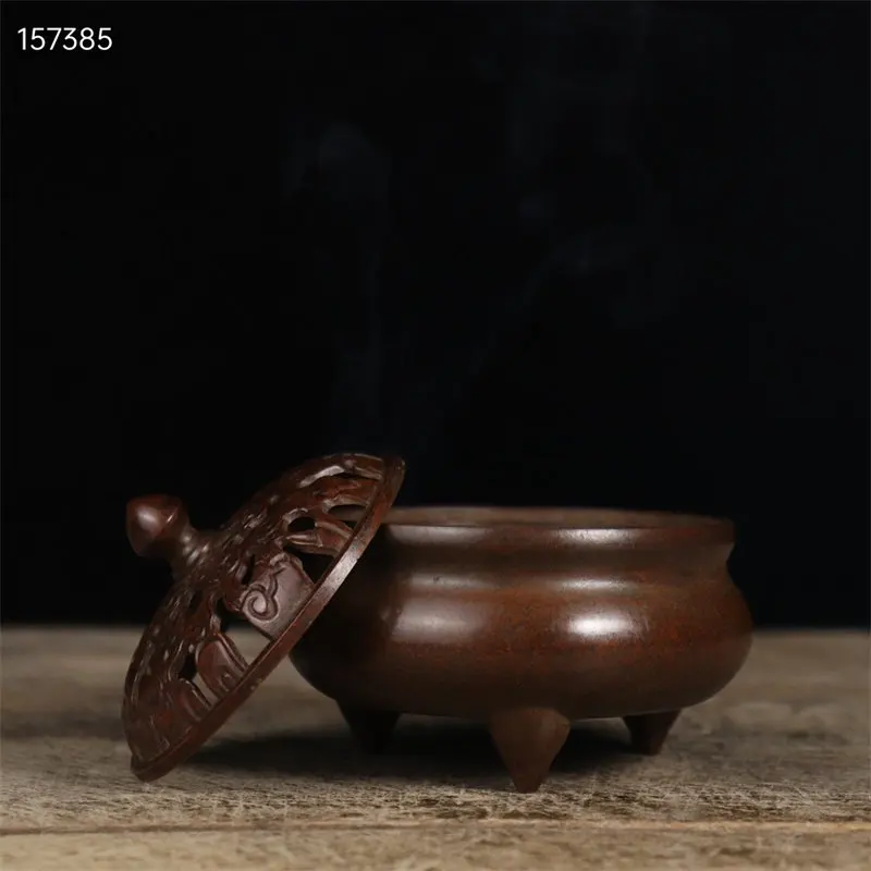 Su Style Solid Pure Copper Incense Burner Antique Chinese Auspicious Cloud Censer Three Legs Round Furnace Home Indoor Sandalwoo