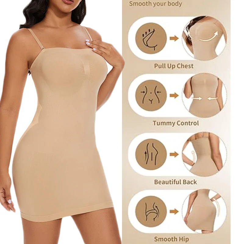 GUUDIA Strapless Shapewear Full Slip for Under Dresses Tummy Control Seamless Body Shaper Slips Camisole Bodysuits Compression