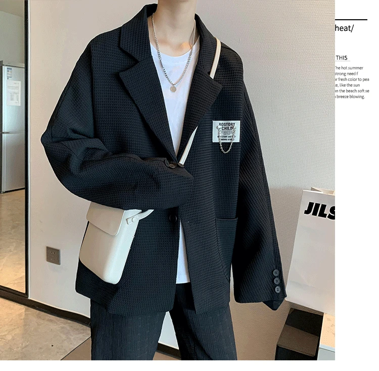 Men Suit Coat Spring and Summer Waffle Suit Oversize Coat Two-button Cardigan Blazer Solid Pocket Business Jacket Blazer for Men