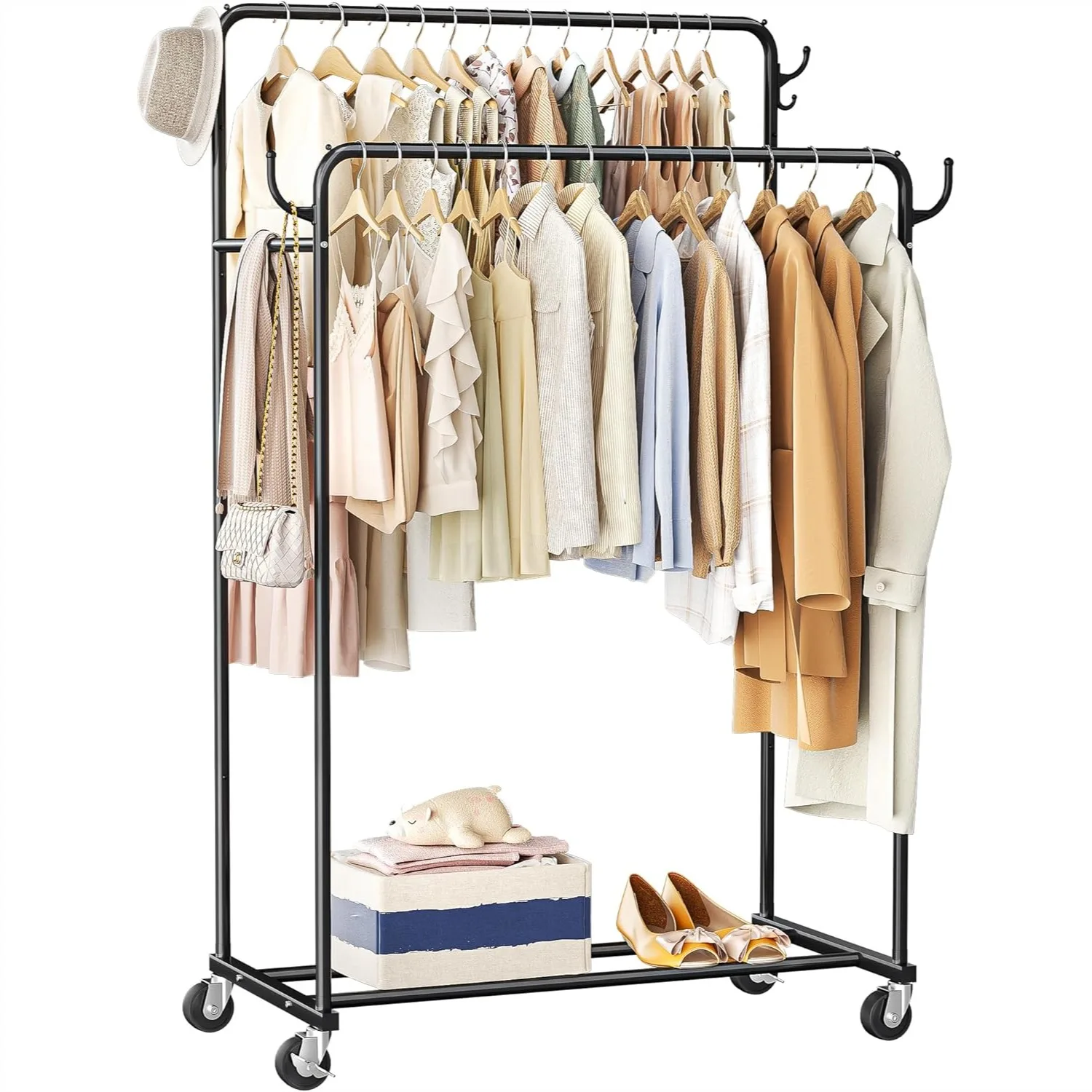 

Double Rod Rolling Clothes Rack with Wheels for Bedroom and Laundry Room