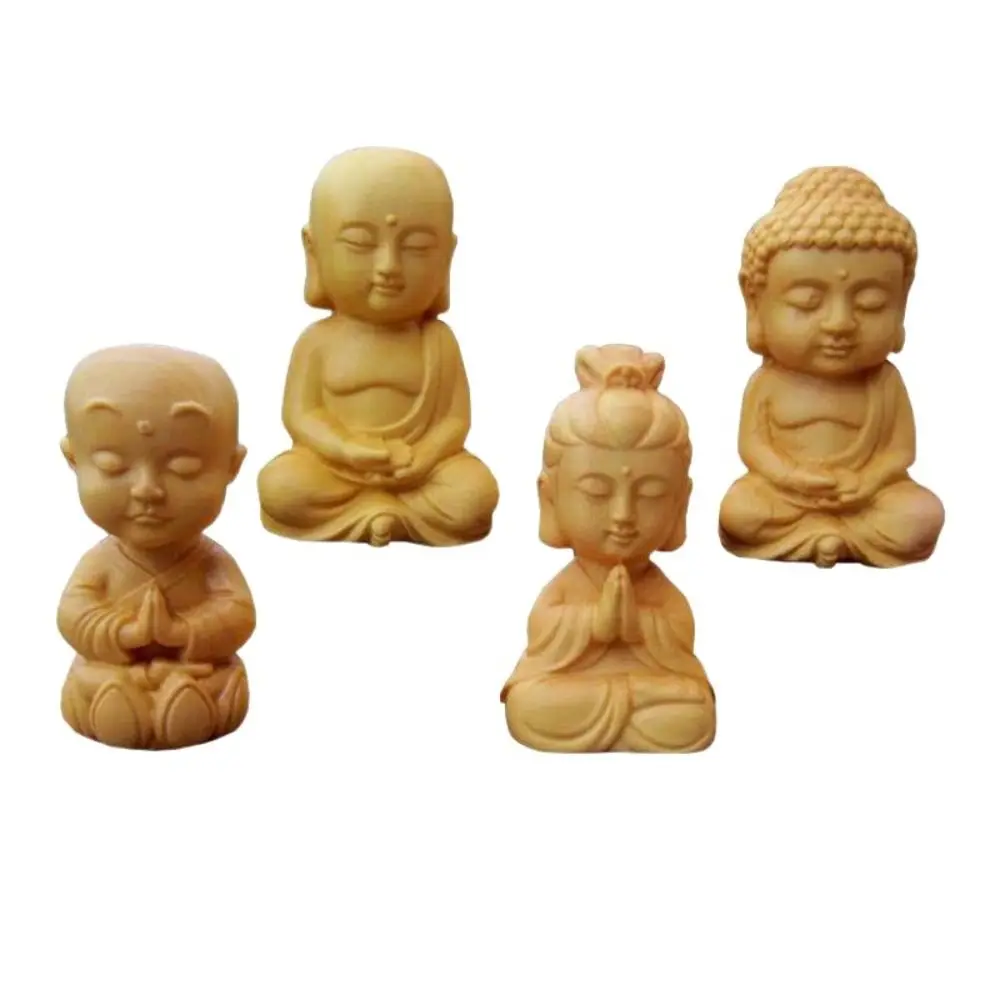 Handicraft Vintage Carved Small Buddha DIY cute Little Monk Figurines mini Boxwood Avalokitesvara Figurines Gifts