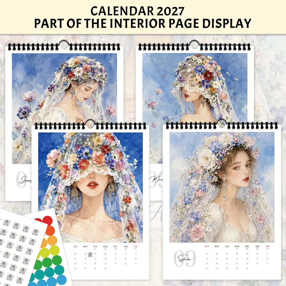 1pc 2027 Watercolor Veil Girl Floral Wall Calendar,12-Month Monthly Planner,Perfect Gift For Back-to-School, Christmas, New Year