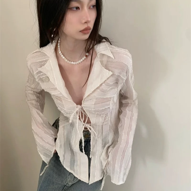 Deeptown Fairycore Lace Up Women Blouse Long Sleeve New Turn Down Collar Shirts Feminina Ladies Cropped Tops Korean Fashion Chic