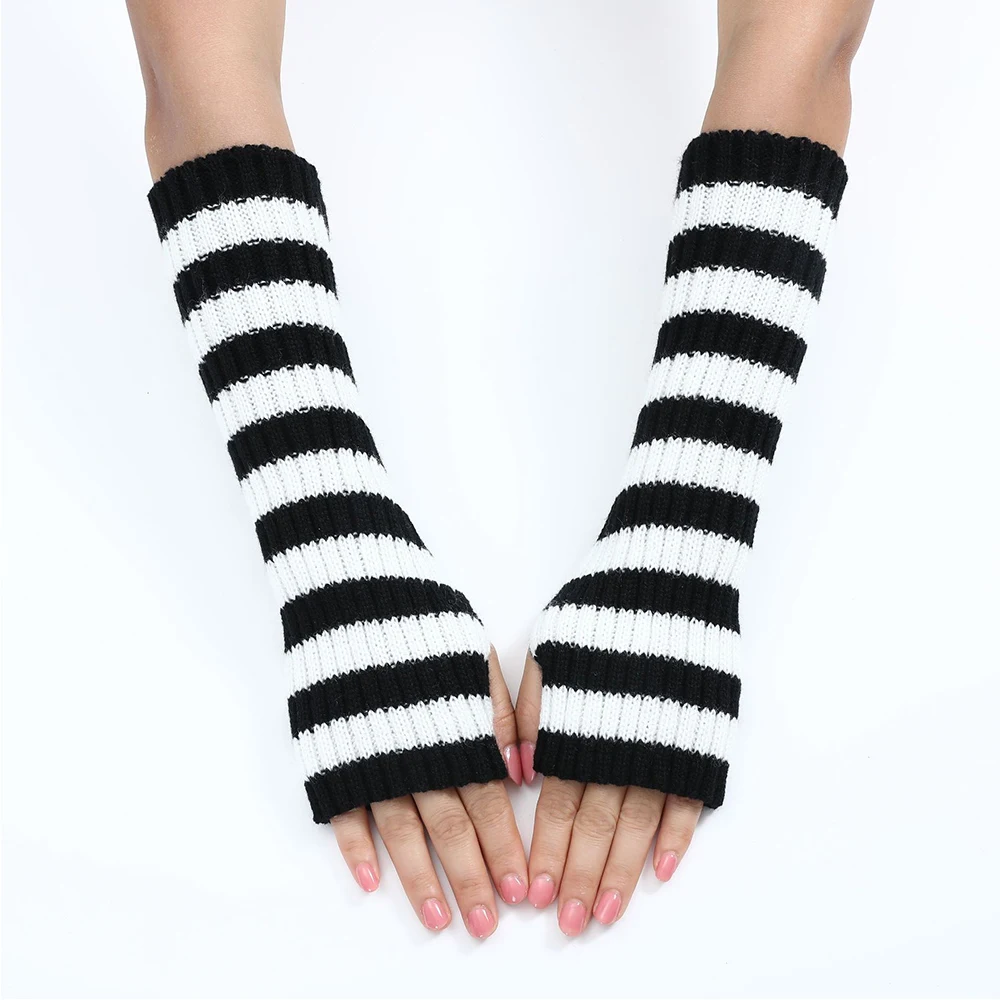 Knitted Arm Sleeve Women\'S Striped Long Fingerless Gloves Winter Wool Wrist Arm Warmer Arm Covers Y2K Punk Gothic Elbow Mittens