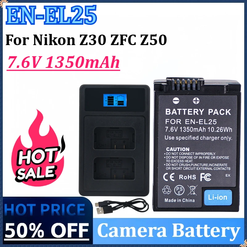 

New 7.6V 1350mAh 10.26Wh EN-EL25 EN EL25 Camera Battery for Nikon Z30 Z50 ZFC 4241 Rechargeable Battery MH-32 with Charger