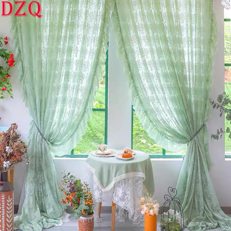 

Idyllic Light Green/Beige Lace Window Tulle Curtain Living Room Warp Ruffled Rural Gauze Door Curtain for Kitchen Bedroom #A215