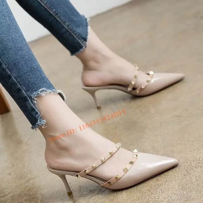 Zapatos de tacón de 6Cm y 8Cm de piel de oveja negra desnuda, zapatos de tacón con tachuelas para mujer, zapatos de tacón alto con remaches y punta estrecha