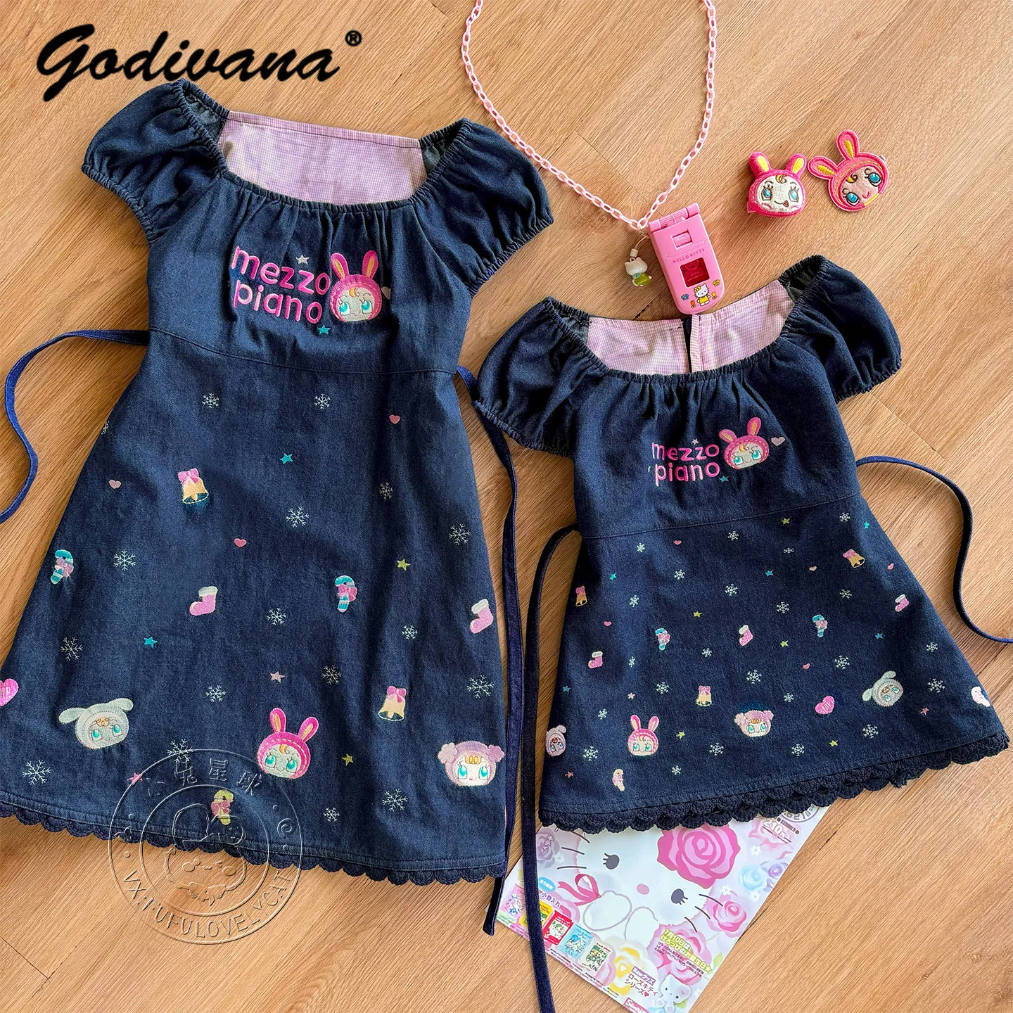 Impressão completa bonito bordado filha meninas denim vestido novo verão vintage manga curta bordado feminino bonito denim camisa topos