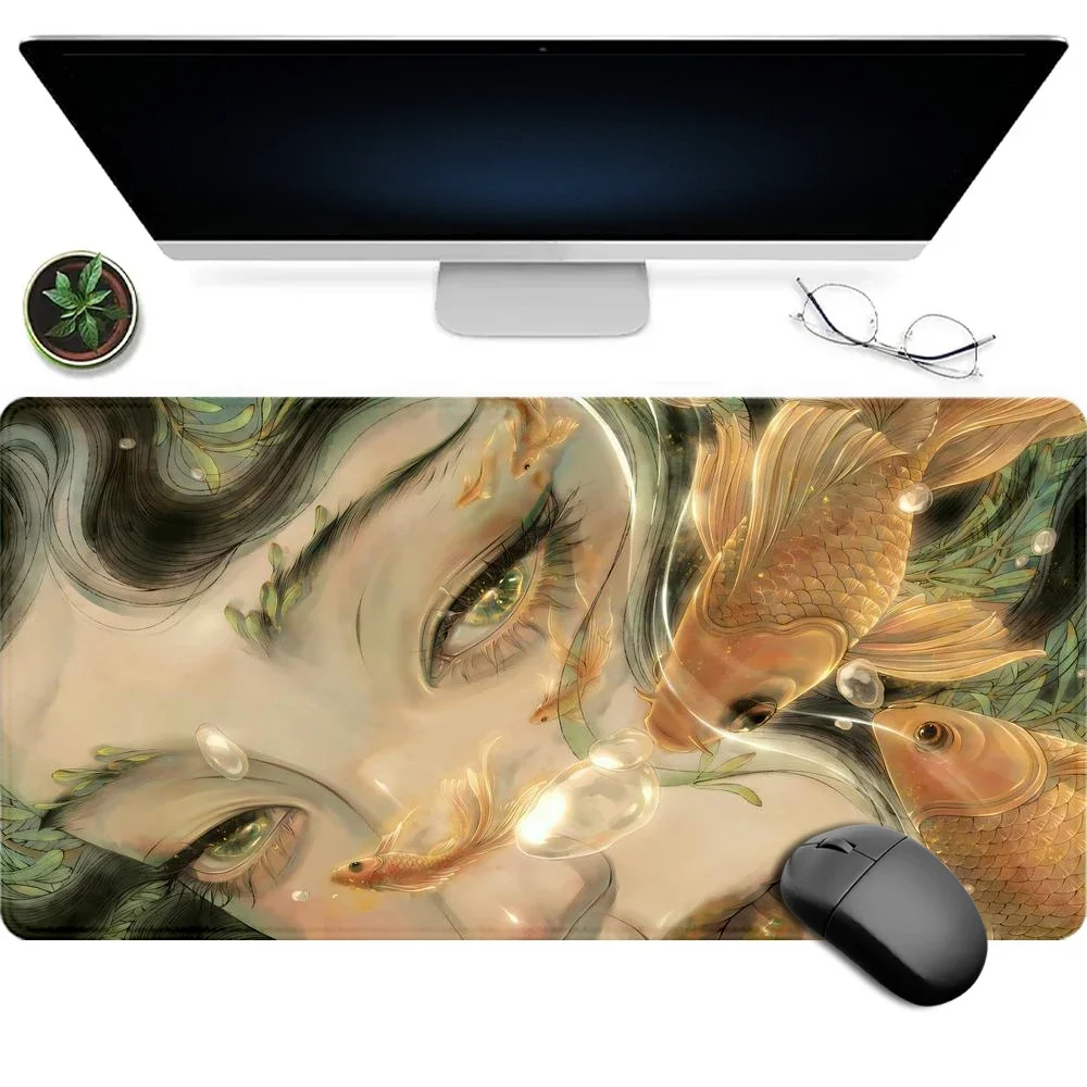 Girl Eyes Mouse Pad Large Desk Accessories Desk Pad Rubber Base with Stitched Edge Mousepad Non-Slip Deskpad for Office