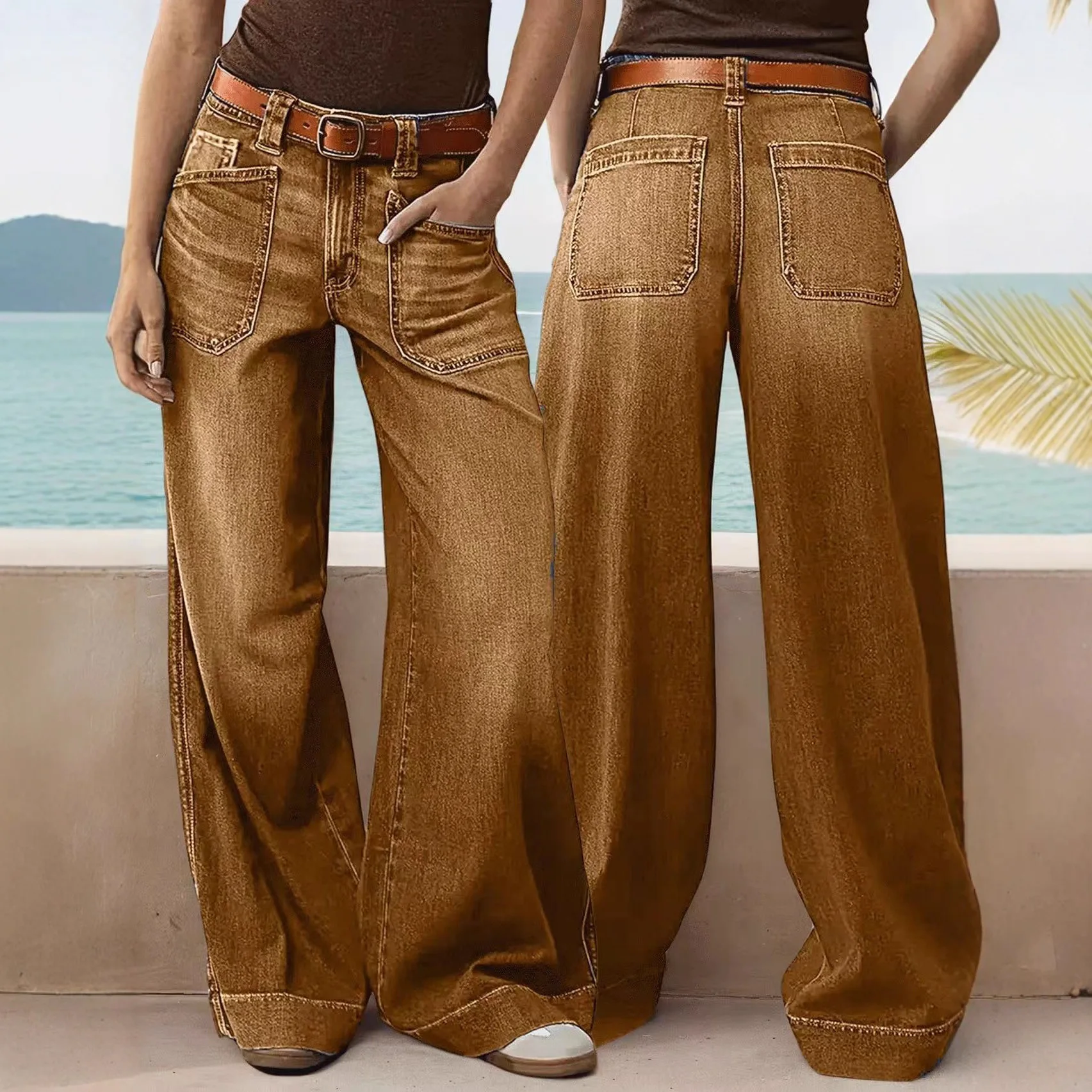 بنطال ذو قصة أرجل واسعة أمي جينز نسائي من قماش الدنيم المتعثرة منتصف الخصر تمتد جيوب مغسولة عتيقة Y2k ملابس الشارع الشهير طول الأرض #4