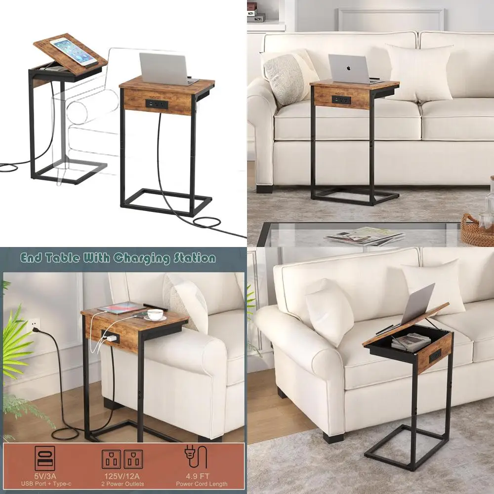 

Набор из двух приставных столиков C-образной формы 45 шт. ° Наклон и зарядка, коричневый в деревенском стиле для небольших помещений, диван и гостиная