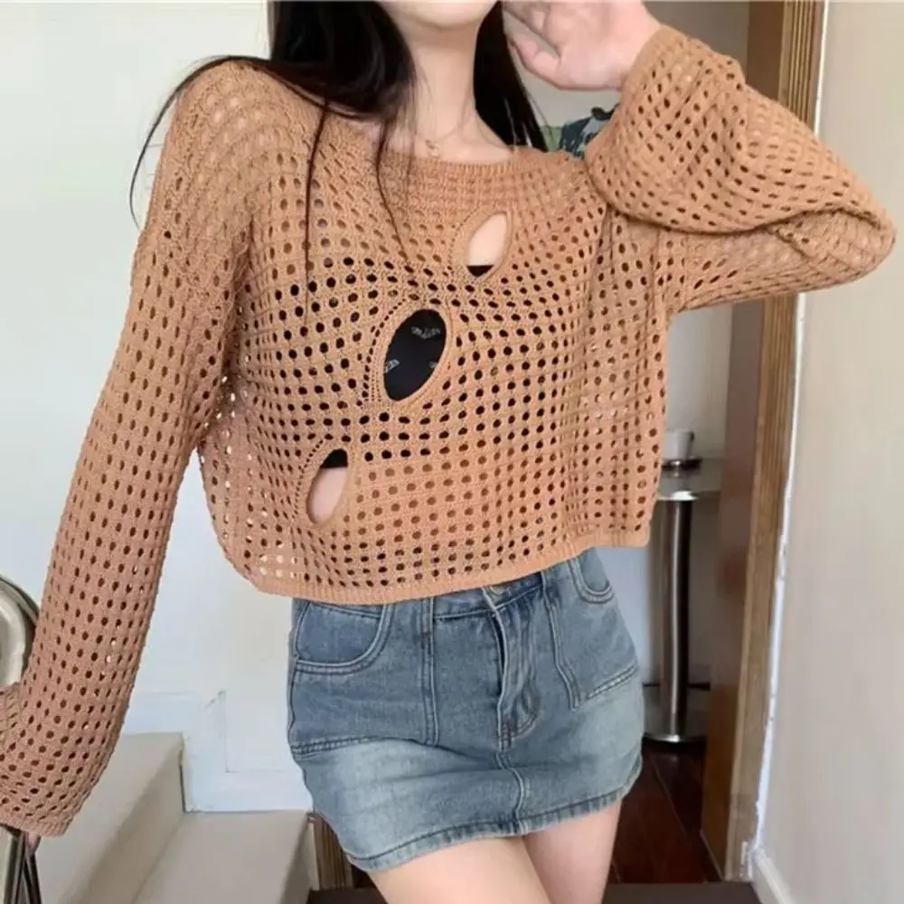 Mode Langarm Höhlte Heraus Kittel Lose Gestrickte Solide Gestellte Tops Rundhals Pullover Aushöhlen Stricken Tops Club