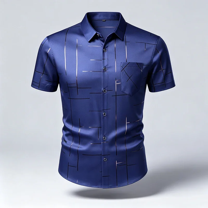 Summer Mens Lapel Short Sleeve Shirt Wrinkle Resistant Smooth Material Abstract Line Pattern Chest Pocket Design