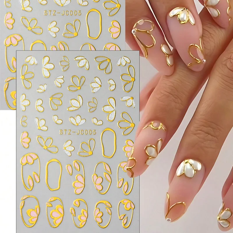 2Self-adhesive gold flower nail stickers in sheet form - Glossy Wedding and Spring/Summer Nail Art，Features realistic gold foil