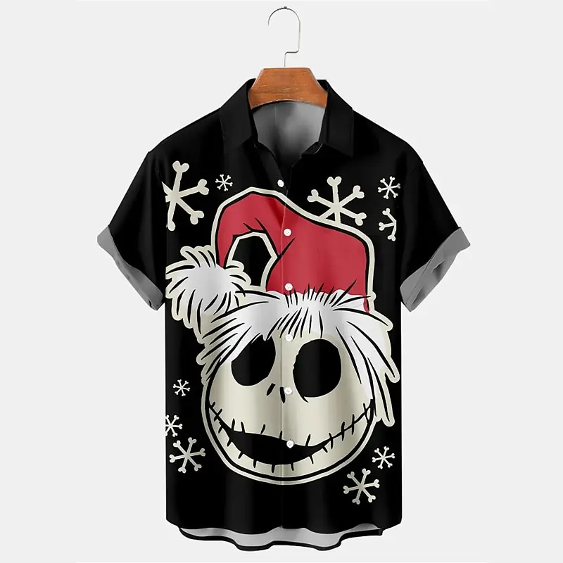 Ugly Christmas Skull Print Men\'s Shirt Outdoor Christmas Men\'s Lapel Top Street Fall Short Sleeve Plus Size Men\'s Shirt