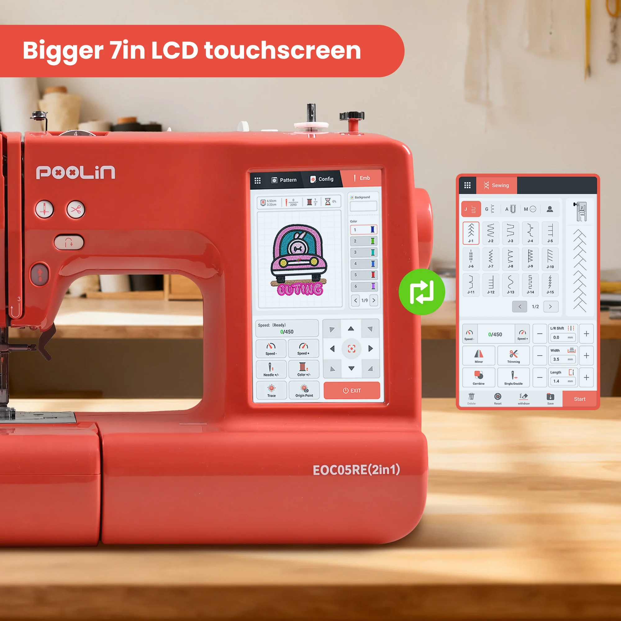 POOLIN EOC05RE 2in1 Embroidery Sewing Machine, Computerized Home Machine for Beginners with Starter Kit