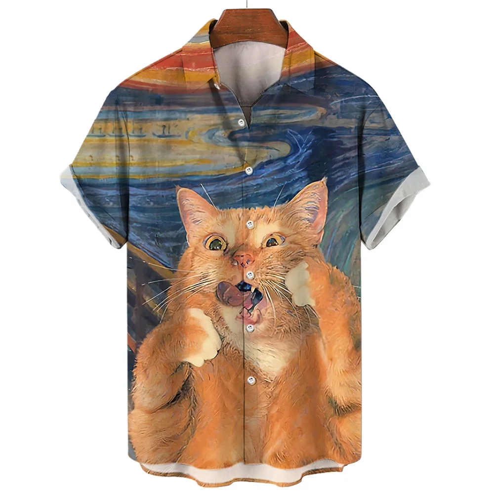 Puppy Print men's Hawaiian Casual Shirt Funny Kitten Oil Painting high-end Lapel men's Shirt 2023 New Style