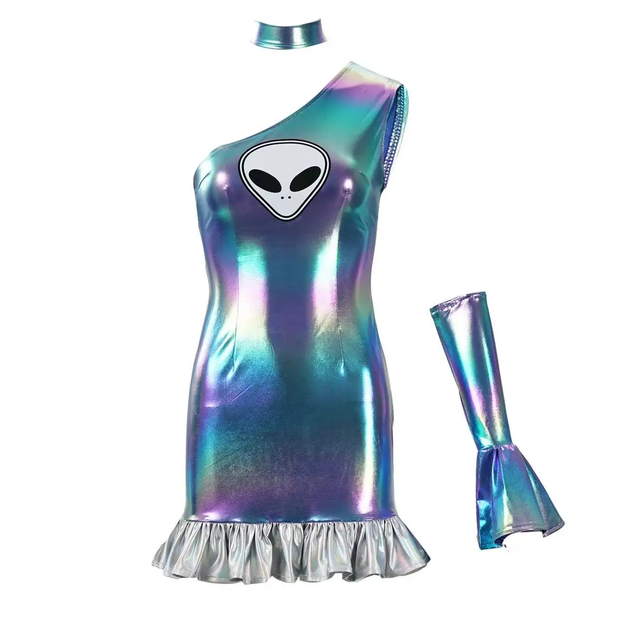 

Robot Space Suit Dress Cosplay Costume Shiny Metallic Patchwork Dress