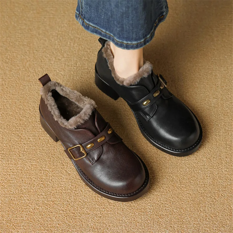 New Autumn Winter Cow Leather Women Shoes Fashion Round Toe Shoes for Women Mid Heel Women Pumps Black Wool Loafers Handmade