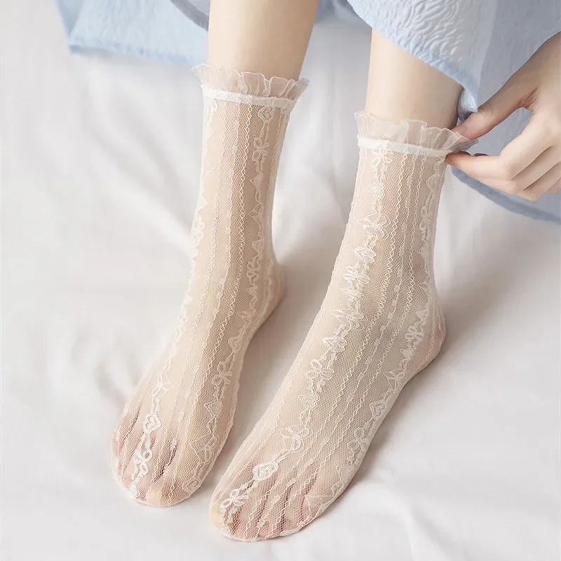 

Solid Color Loose Long Socks Women Summer Ultra-thin Transparent Mesh Fishnet Lace Socks JK Lolita Sweet Girls Cute Ruffle Socks