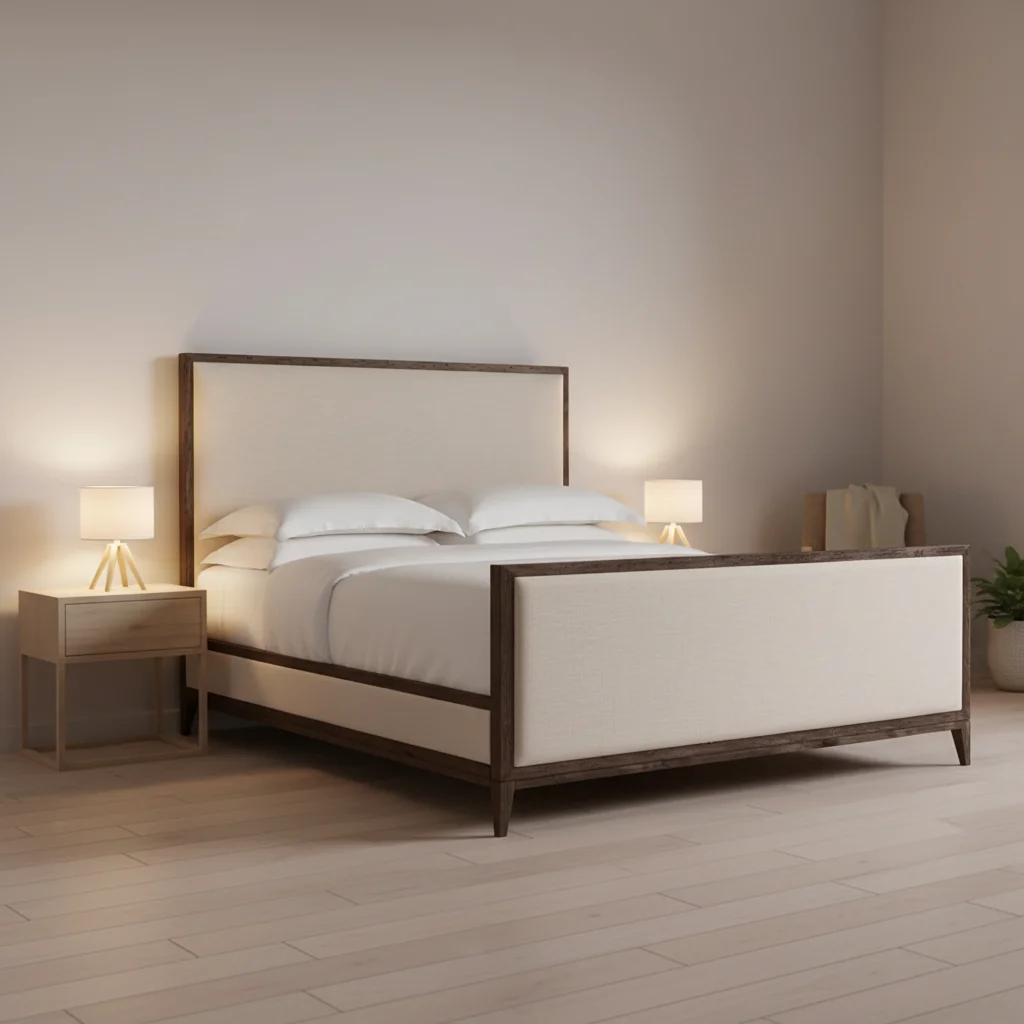 xx-RH CAYDEN CAMPAIGN FABRIC BED FOOTBOARD King Size Solid Oak Wood Frame Beige Upholstered Panels Traditional French Luxury Bed