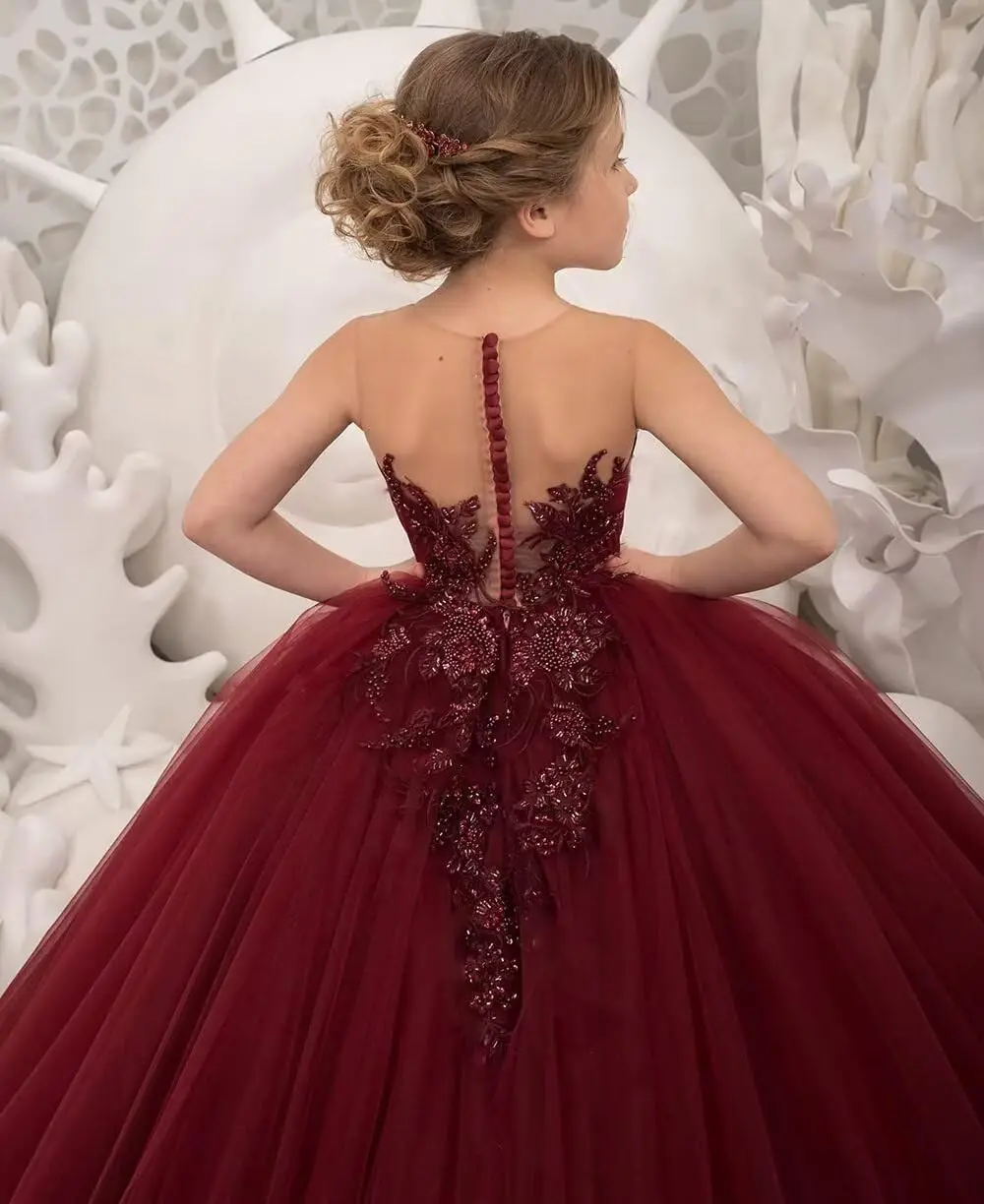 튤 꽃 소녀 드레스 레이스 아플리케 공주 대회 드레스 긴 첫 성찬식 드레스 파티 볼 가운 소녀 드레스