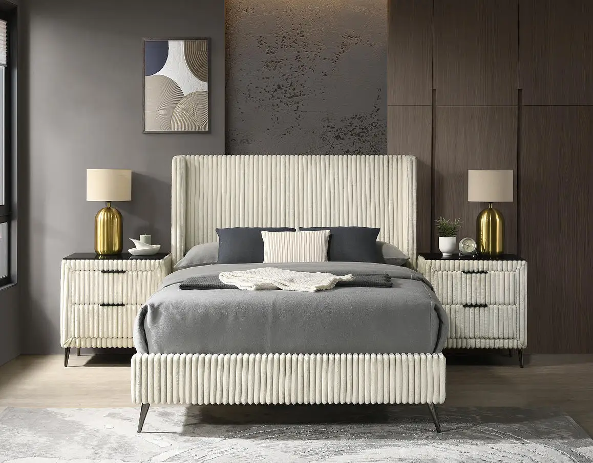 

！@Modern Wide Wale Corduroy Upholstery Panel Queen Bed with 2 Nightstands for Apartment & Hotel Use Furniture Set