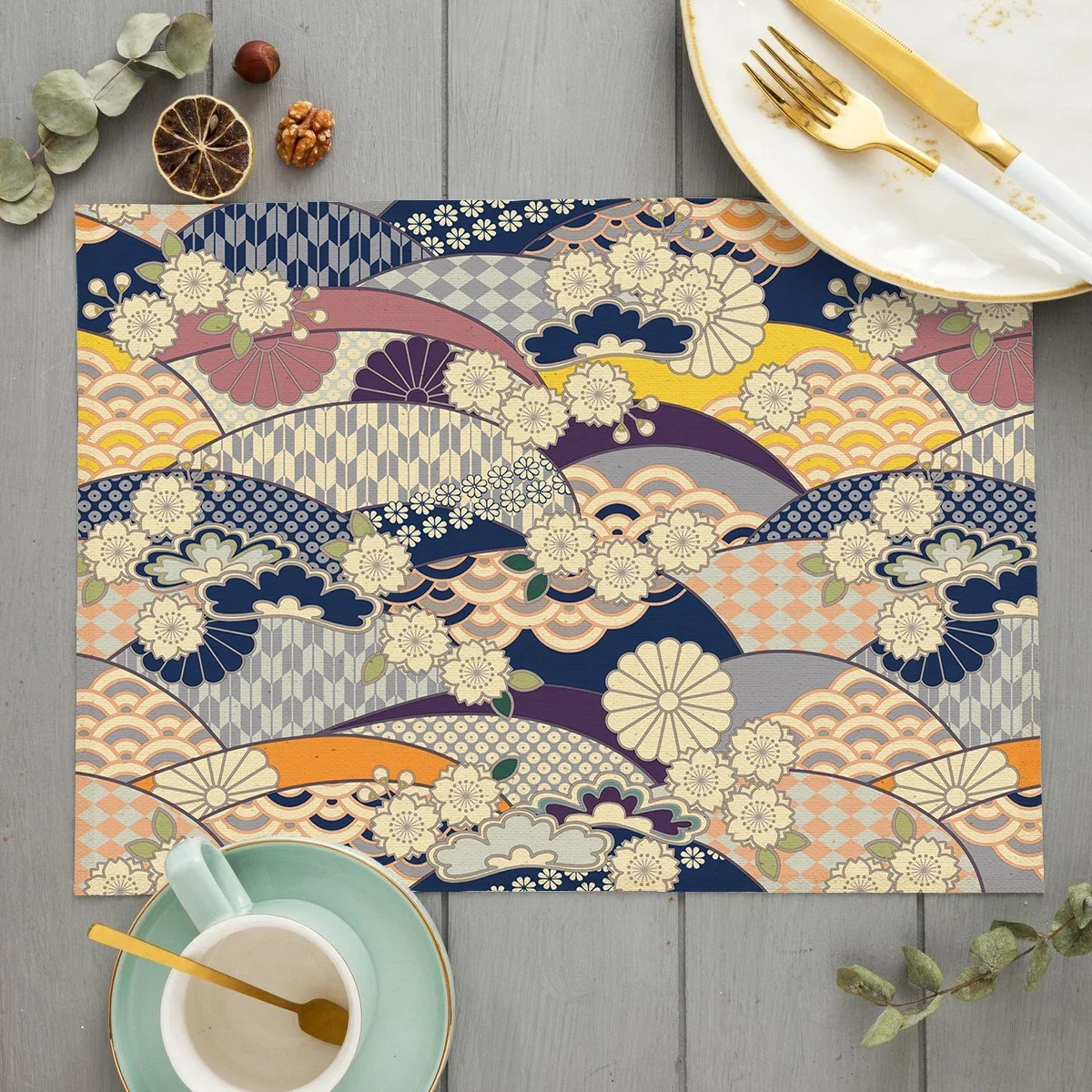 Japanese Traditional Pattern Kitchen Placemat Cotton Linen Vintage Luxury Dining Table Mats Coaster Pad Bowl Cup Mat Home Decor