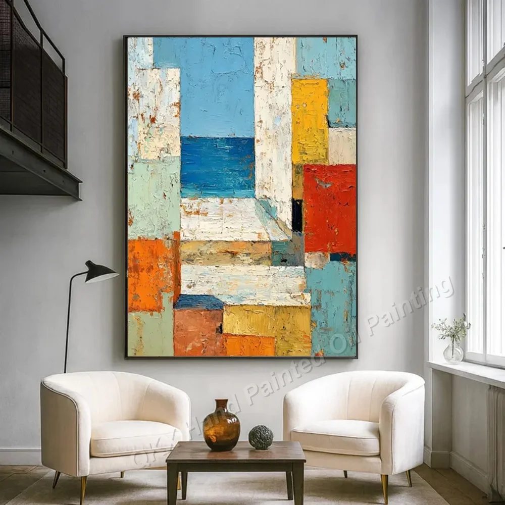 Hand-Painted Oil Painting on Canvas Geometric Color Block Sea View Thick Impasto Knife Art Wall Decor for Living Room