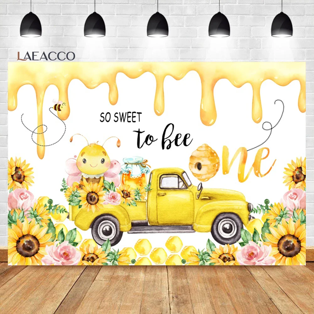 

Laeacco So Sweet to Bee One 1st Birthday Party Background Sunflower Yellow Car Kids Baby Shower Portrait Photography Backdrop