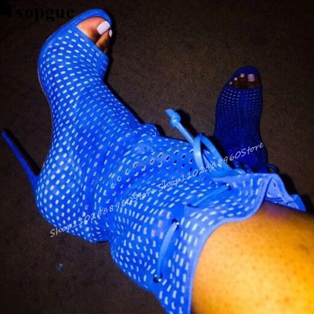 

Mid Calf Klein Blue Hollow Loose Sandal Boots Thin High Heel Shoes For Women Lace Up Peep Toe 2025 Fashion Zapatos Para Mujere