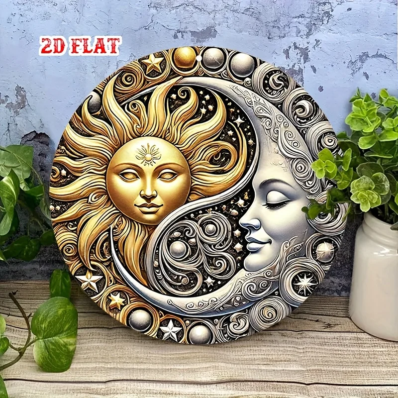 2D flach, 2D flach rund 1 Stück Mond Aluminiumschild, Yin Yang Metallblechschild, himmlisches Aluminiumschild – Sonne Metall Wanddekoration, Wanddekoration