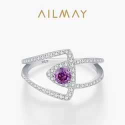 Ailmay 925 Sterling Silver Purple Zircon Hollow Double-Layer Ring For Women Vintage Jewelry Wedding Party Accessories Gifts