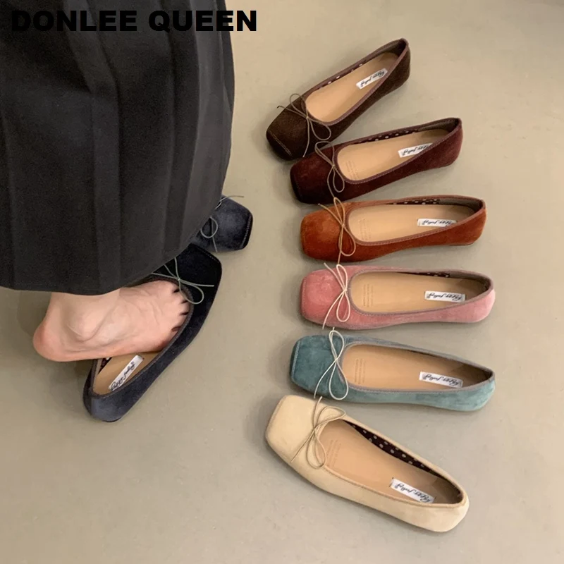 Slip On Women Velvet Flats Fashion Elegant Butterfly-knot Spring Autumn Ladies Comfort Soft Sole Square Toe Mary Jane Shoe Mujer