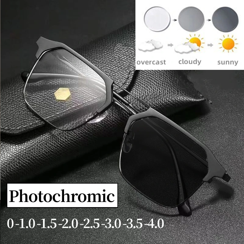 

Men Business Photochromic Myopia Glasses Vintage Outdoor Color Changing Sunglasses Women Anti Blue Light Minus Diopter Glasses