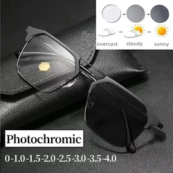 Men Business Photochromic Myopia Glasses Vintage Outdoor Color Changing Sunglasses Women Anti Blue Light Minus Diopter Glasses
